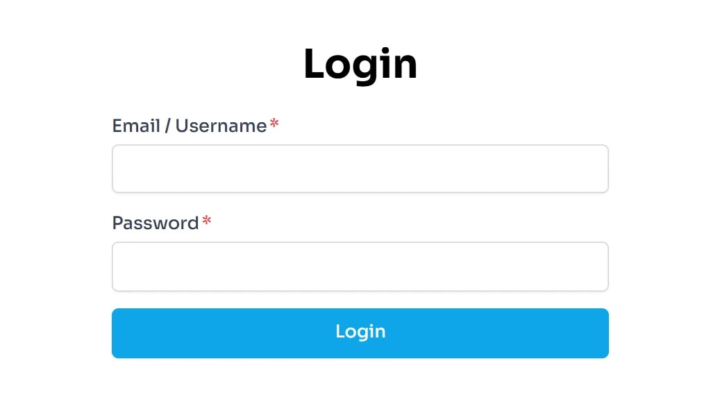 Màn hình Login với hai ô bắt buộc Email / Username, Password và nút Login.
