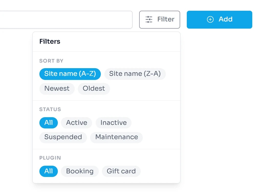 Bảng Filters mở dưới nút Filter với ba nhóm: Sort by (Site name A-Z đang chọn, Site name Z-A, Newest, Oldest), Status (All đang chọn, Active, Inactive, Suspended, Maintenance) và Plugin (All đang chọn, Booking, Gift card).