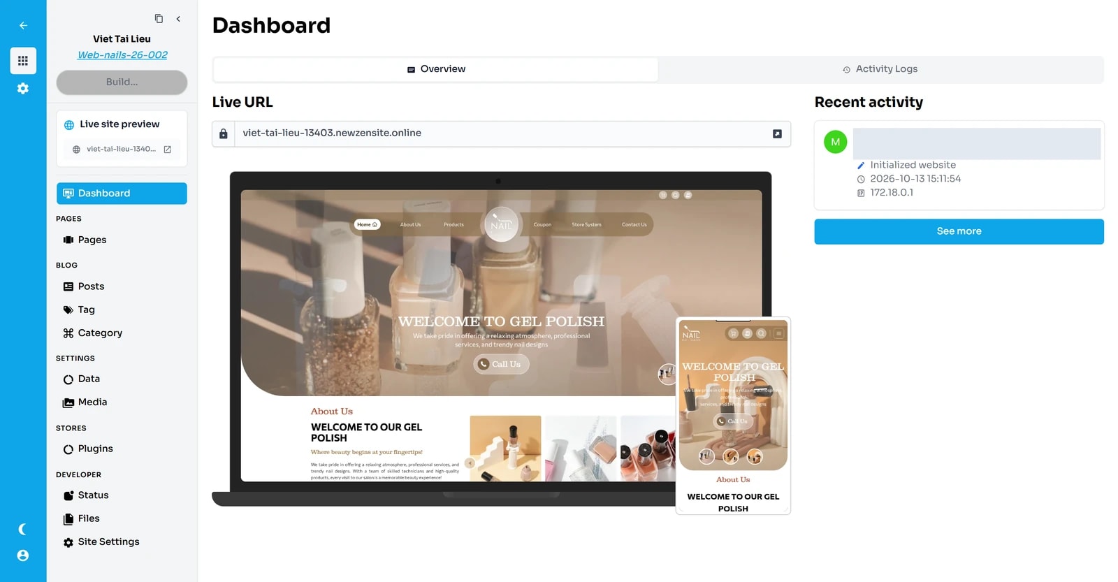 Dashboard của website Viet Tai Lieu: thanh menu trái với nút Build, Live site preview và các nhóm menu; bên phải là Live URL, ảnh xem trước desktop và mobile, mục Recent activity.