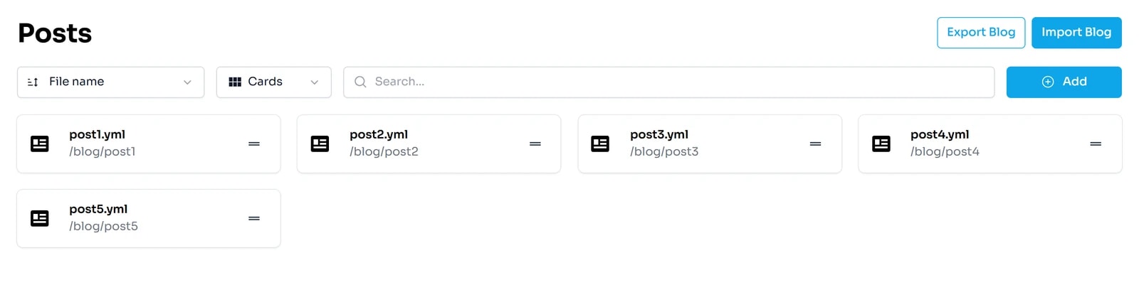 Màn hình Posts: nút Export Blog, Import Blog, thanh sắp xếp File name, kiểu xem Cards, ô Search, nút Add; năm thẻ bài viết post1.yml đến post5.yml.