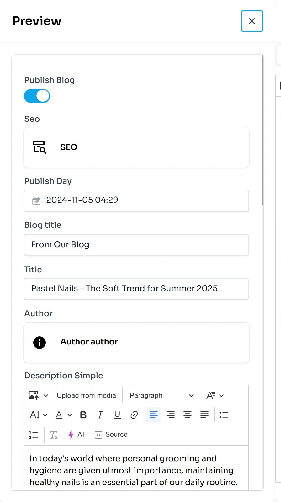Phần đầu bảng soạn bài: công tắc Publish Blog đang bật, thẻ SEO, ô Publish Day 2024-11-05 04:29, Blog title, Title, Author và ô soạn thảo Description Simple.