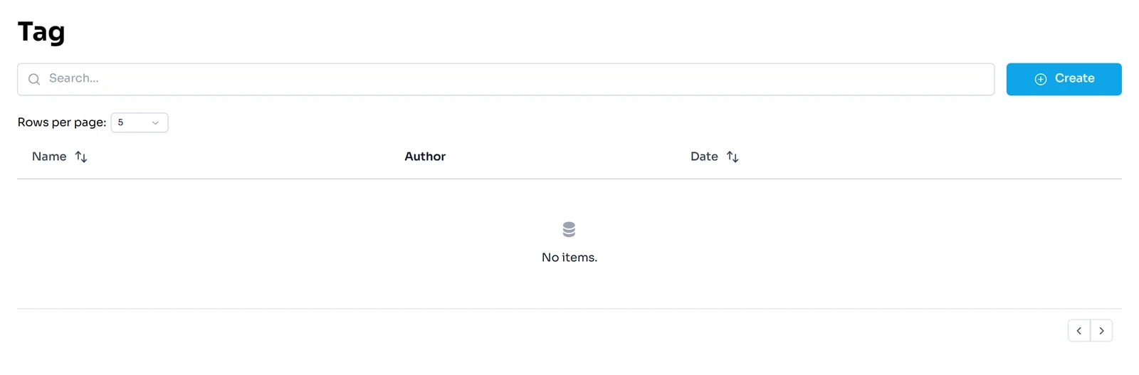 Màn hình Tag: ô Search, nút Create, lựa chọn Rows per page, bảng với các cột Name, Author, Date và dòng thông báo No items.