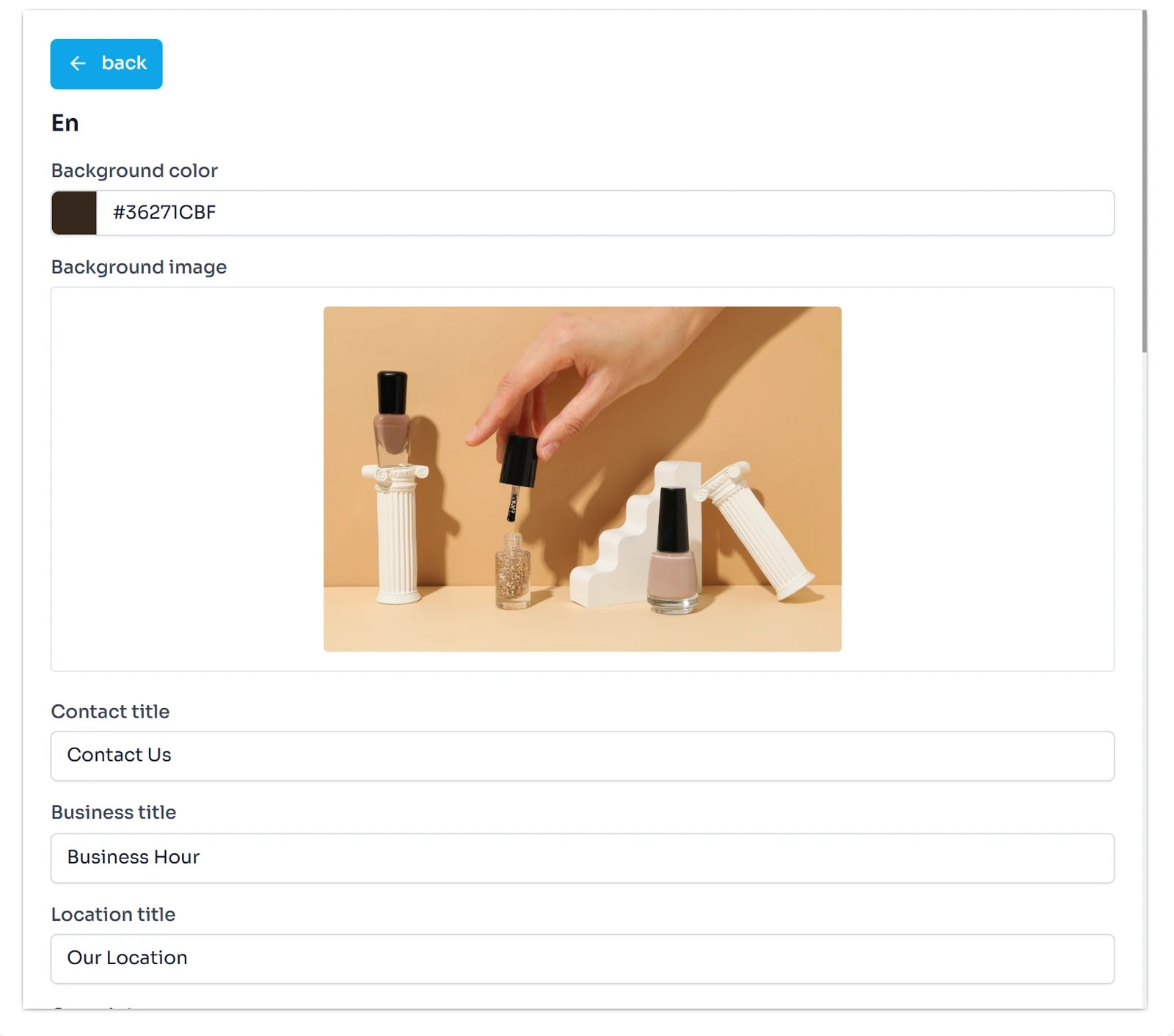 Đầu footer.json: ô màu Background color, khung ảnh Background image và các ô chữ Contact title, Business title, Location title.