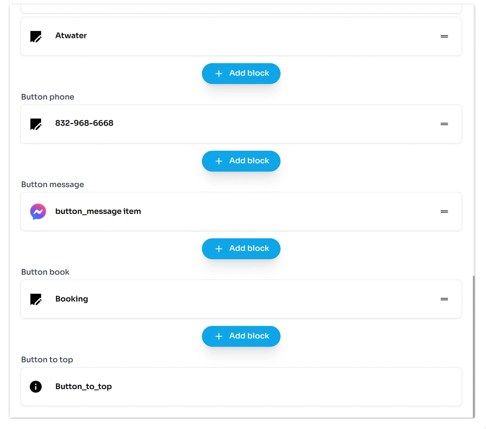Cuối footer.json: danh sách địa điểm Atwater, rồi các mục Button phone (832-968-6668), Button message, Button book (Booking) và Button to top.
