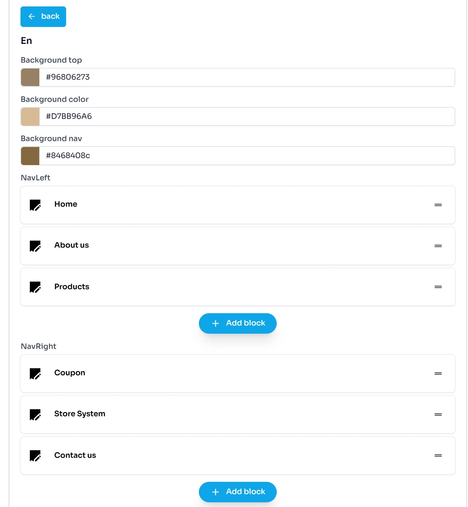 Bảng Preview của header.json: ba ô màu Background top, Background color, Background nav; danh sách NavLeft gồm Home, About us, Products và danh sách NavRight gồm Coupon, Store System, Contact us, mỗi danh sách có nút Add block.
