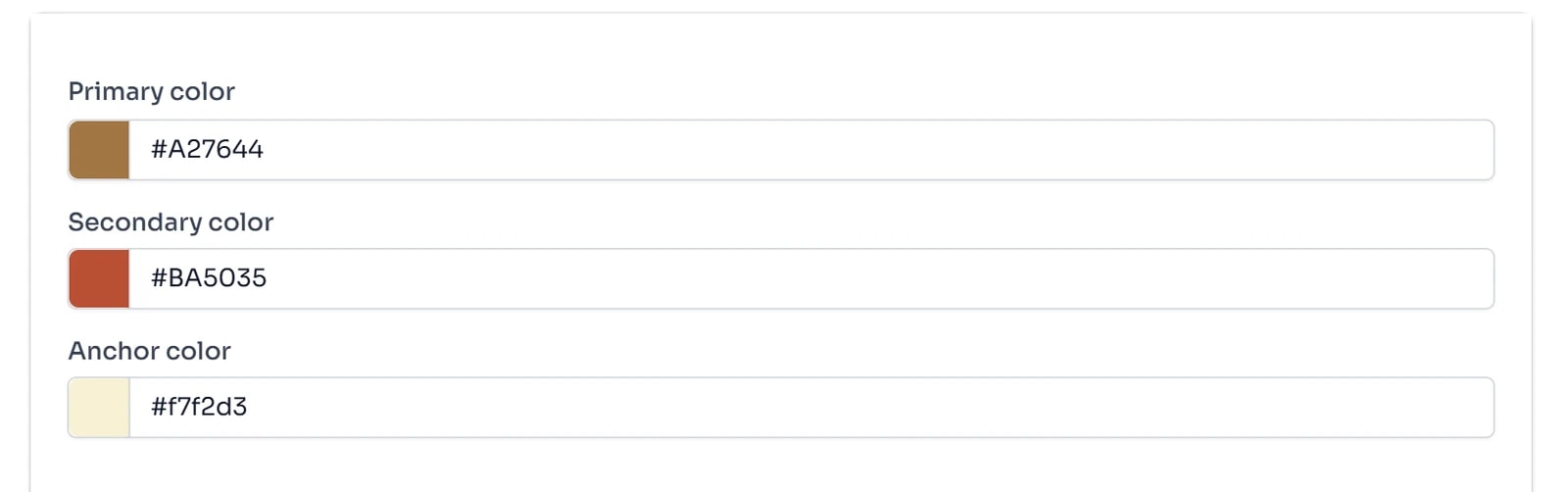 Bảng Preview của theme.json với ba ô màu: Primary color #A27644, Secondary color #BA5035, Anchor color #f7f2d3.
