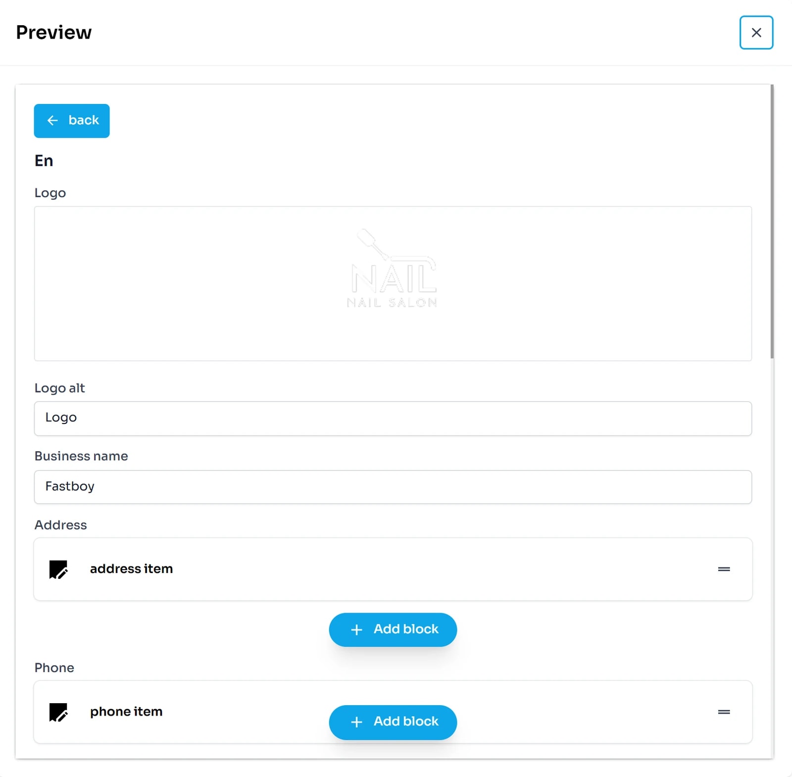 Bảng Preview của setting.json: ô ảnh Logo, Logo alt, Business name, mục Address với một dòng address item, mục Phone với một dòng phone item và nút Add block.