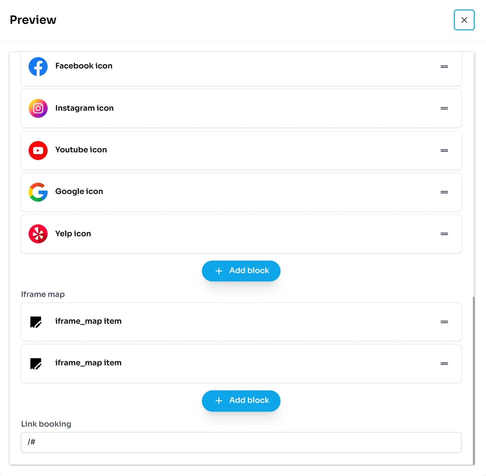 Phần cuối setting.json: danh sách mạng xã hội Facebook, Instagram, Youtube, Google, Yelp; mục Iframe map với hai dòng iframe_map item; ô Link booking chứa /#.