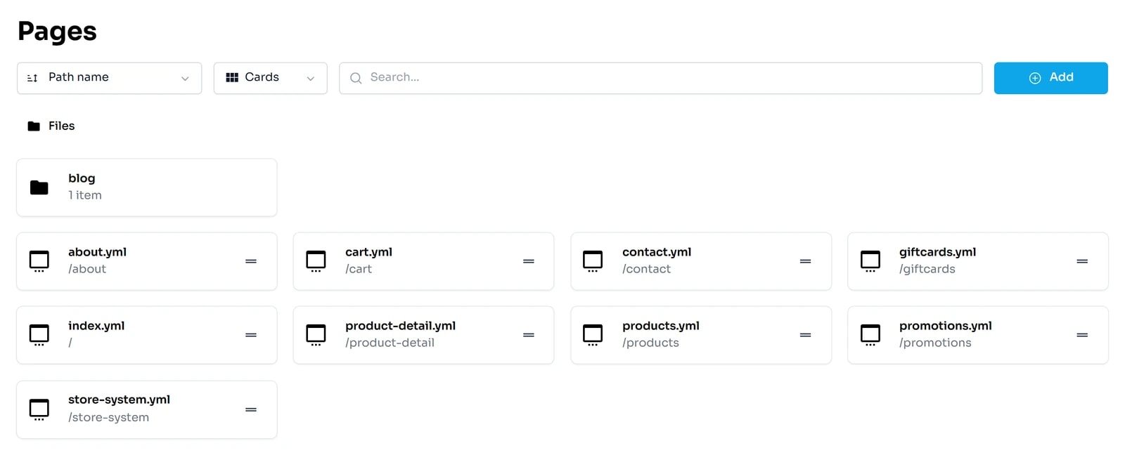 Màn hình Pages: thanh sắp xếp Path name, kiểu xem Cards, ô Search, nút Add; thư mục blog và các thẻ trang about, cart, contact, giftcards, index, product-detail, products, promotions, store-system.