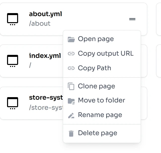 Menu thao tác của một thẻ trang: Open page, Copy output URL, Copy Path, Clone page, Move to folder, Rename page, Delete page.