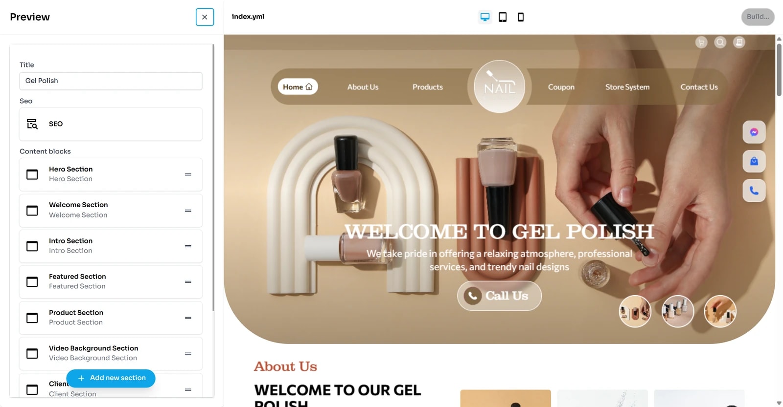 Trình chỉnh sửa trang index.yml: bên trái là ô Title, thẻ SEO và danh sách Content blocks (Hero, Welcome, Intro, Featured, Product, Video Background, Client Section) cùng nút Add new section; bên phải là bản xem trước trực tiếp của trang chủ và các nút chọn thiết bị.