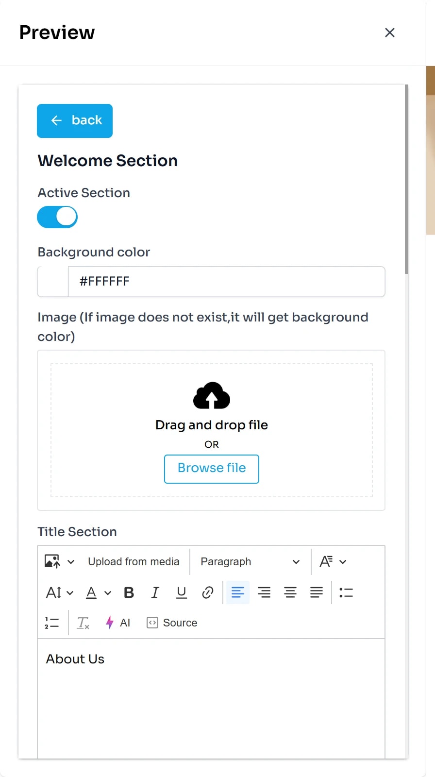 Biểu mẫu Welcome Section: nút back, công tắc Active Section, ô màu Background color, khung tải ảnh có Drag and drop file và Browse file, ô Title Section với thanh công cụ soạn thảo chữ.