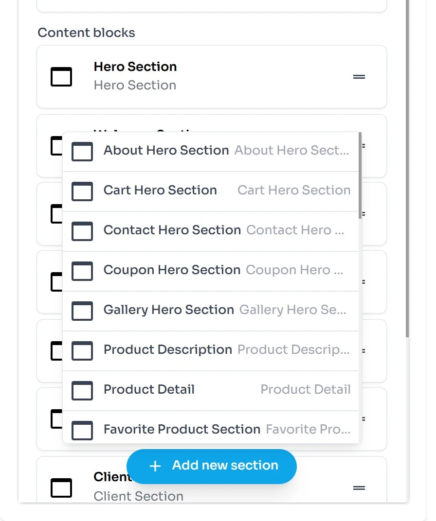 Danh sách thả xuống của Add new section gồm các mẫu About Hero Section, Cart Hero Section, Contact Hero Section, Coupon Hero Section, Gallery Hero Section, Product Description, Product Detail, Favorite Product Section.