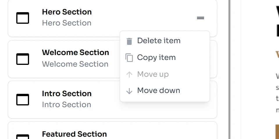 Menu của một Section với bốn lệnh Delete item, Copy item, Move up (mờ vì khối đang ở trên cùng) và Move down.