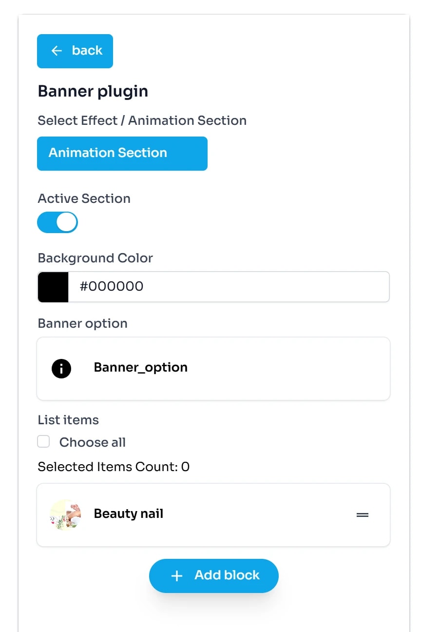 Form Banner plugin: hiệu ứng Animation Section, công tắc Active Section, ô màu Background Color #000000, mục Banner option, mục List items có ô Choose all, Selected Items Count 0 và một banner tên Beauty nail kèm nút Add block.