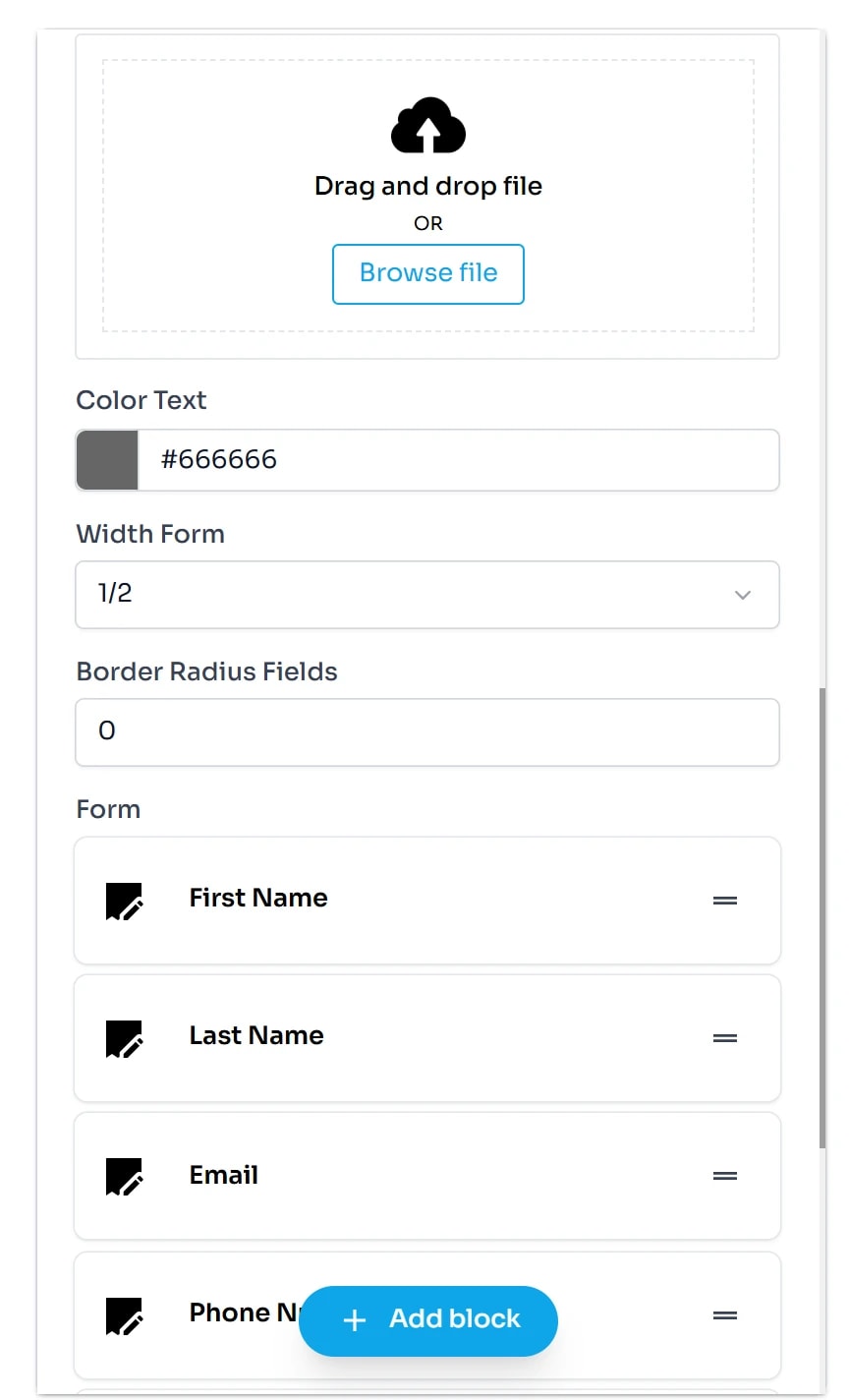 Phần dưới của form Contact plugin: ô màu Color Text, hộp chọn Width Form đang là 1/2, ô số Border Radius Fields và danh sách Form gồm First Name, Last Name, Email, Phone Number.