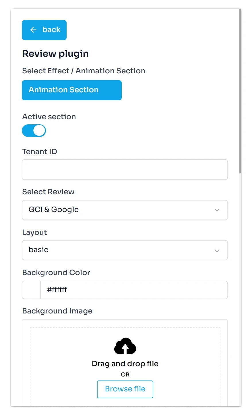 Form Review plugin: hiệu ứng Animation Section, công tắc Active section, ô Tenant ID đang trống, hộp chọn Select Review là GCI & Google, hộp chọn Layout là basic và ô màu Background Color.