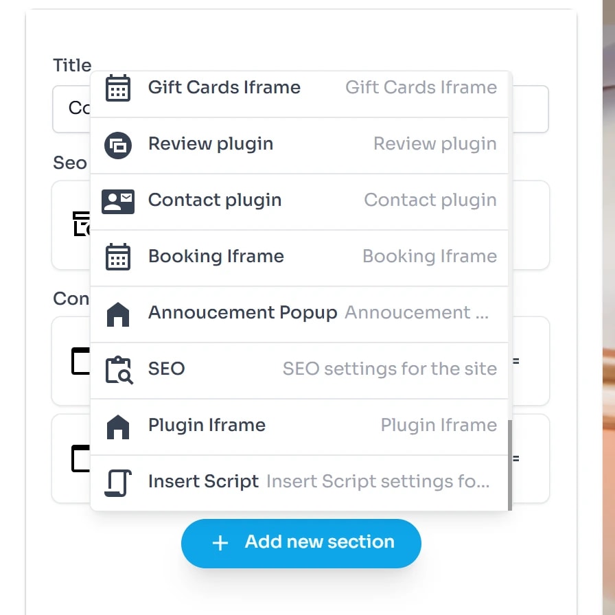 Cuối danh sách Add new section có các Section của tiện ích: Gift Cards Iframe, Review plugin, Contact plugin, Booking Iframe, Annoucement Popup, SEO, Plugin Iframe, Insert Script.