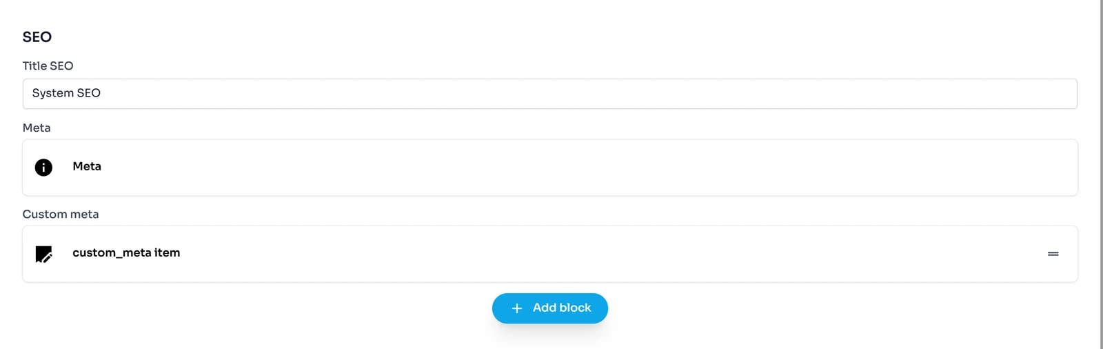 Màn hình SEO trong Plugins Settings: ô Title SEO có giá trị System SEO, mục Meta, mục Custom meta với một dòng custom_meta item và nút Add block.