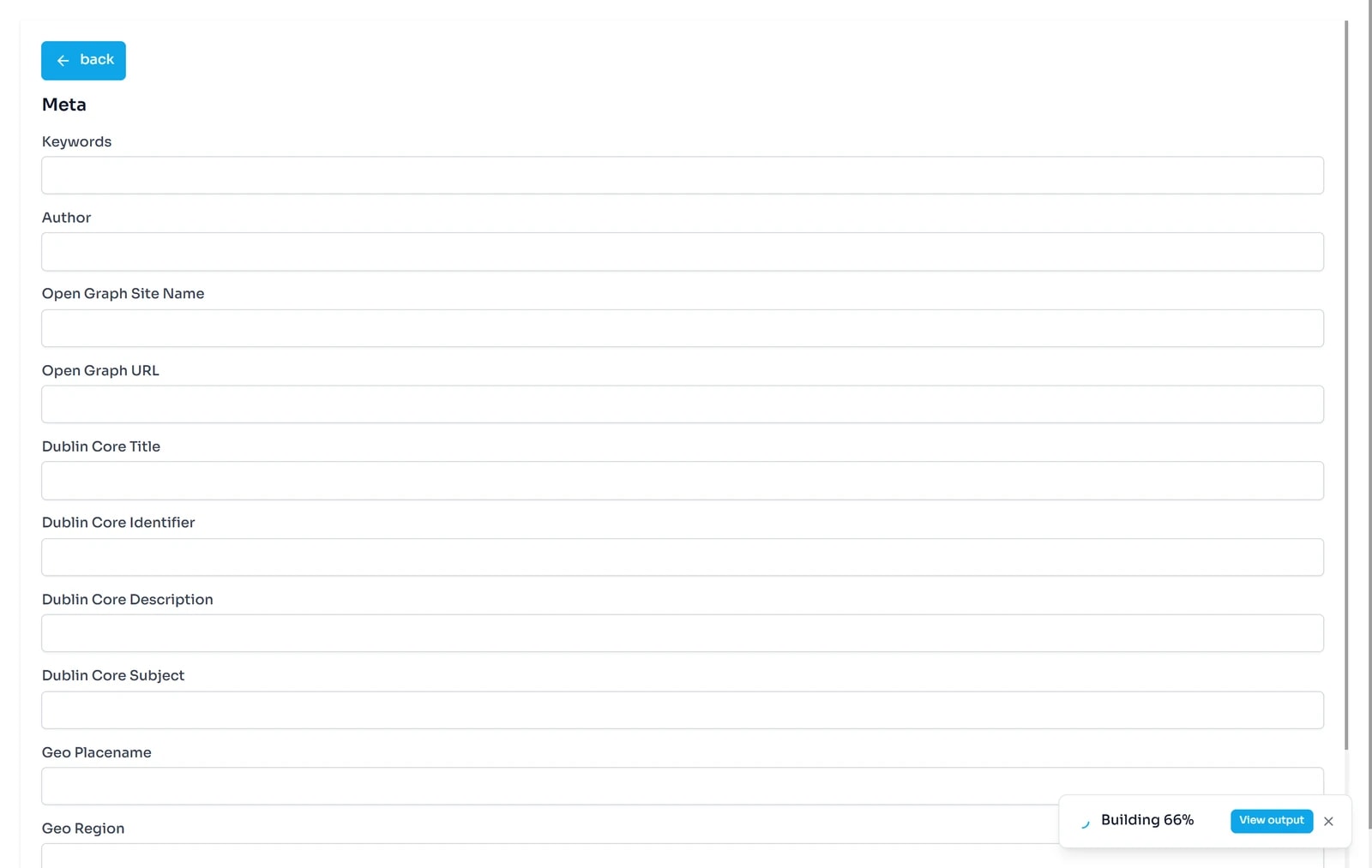 Các trường của mục Meta: Keywords, Author, Open Graph Site Name, Open Graph URL, Dublin Core Title, Identifier, Description, Subject, Geo Placename, Geo Region (còn tiếp Geo Position và ICBM bên dưới).