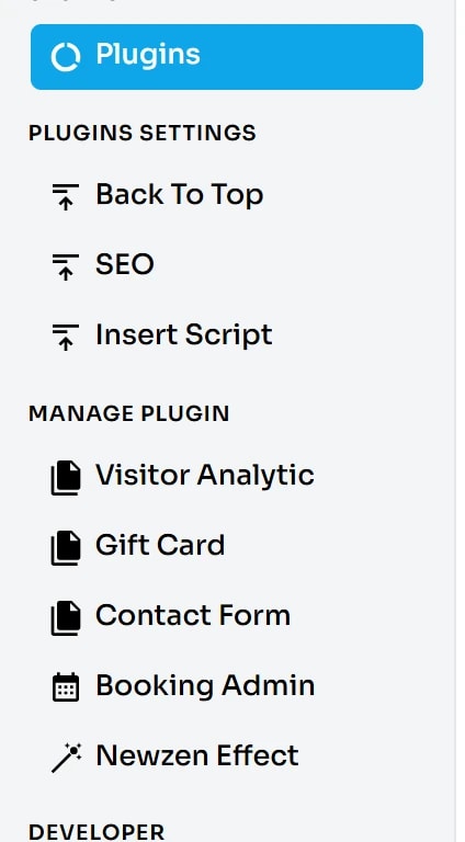 Thanh menu trái sau khi cài tiện ích: nhóm PLUGINS SETTINGS gồm Back To Top, SEO, Insert Script; nhóm MANAGE PLUGIN gồm Visitor Analytic, Gift Card, Contact Form, Booking Admin, Newzen Effect.