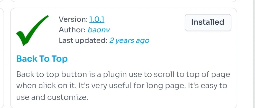 Thẻ Back To Top trong Plugins Store với nút Installed thay cho nút Install.