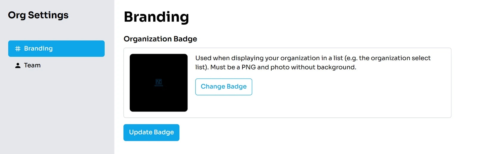 Trang Org Settings mục Branding: menu Branding và Team bên trái; khung Organization Badge với ảnh huy hiệu, nút Change Badge và nút Update Badge.