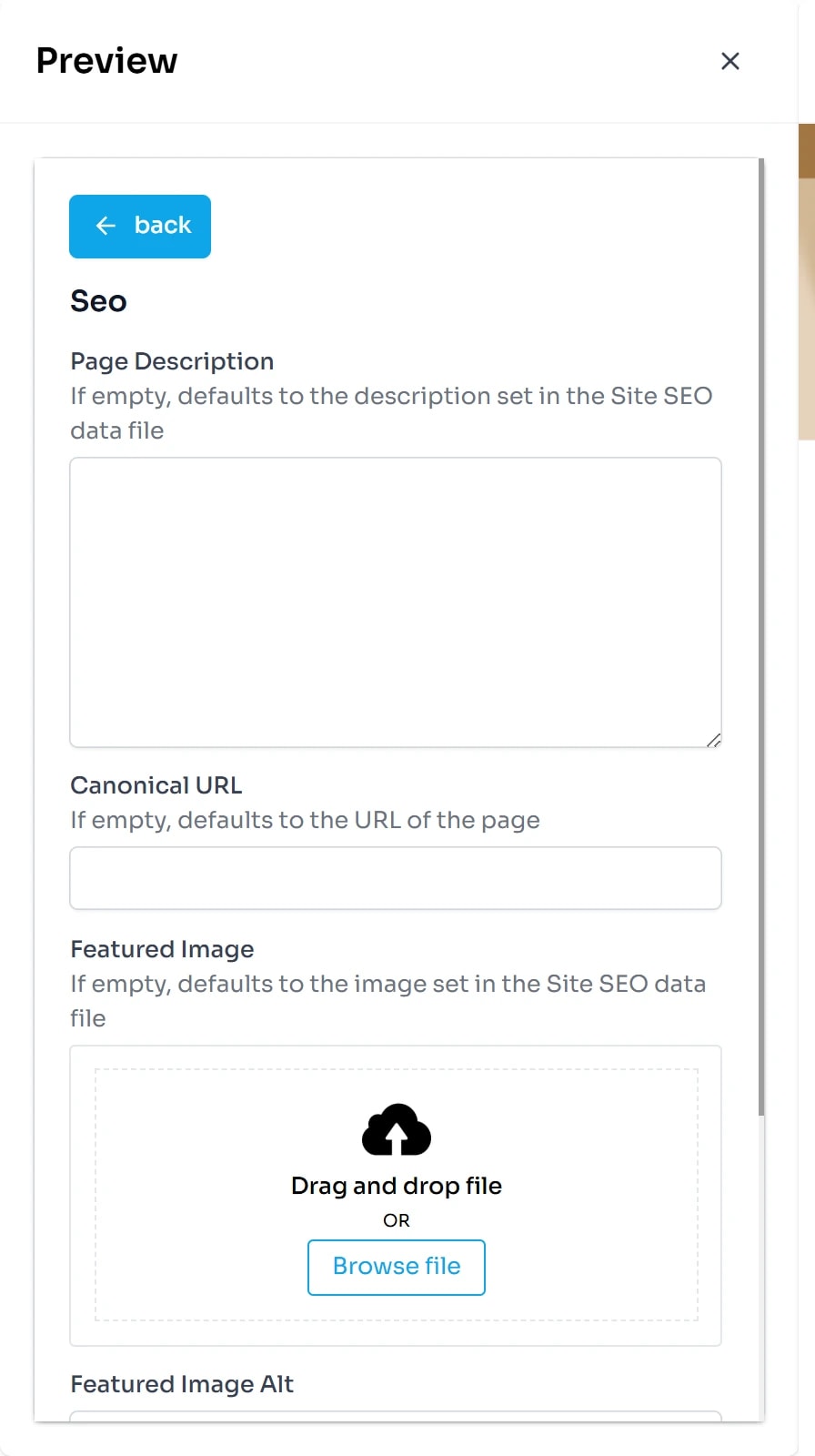 Biểu mẫu Seo của một trang: ô nhiều dòng Page Description, ô Canonical URL, khung tải ảnh Featured Image và ô Featured Image Alt, mỗi mục có ghi chú giá trị mặc định khi để trống.