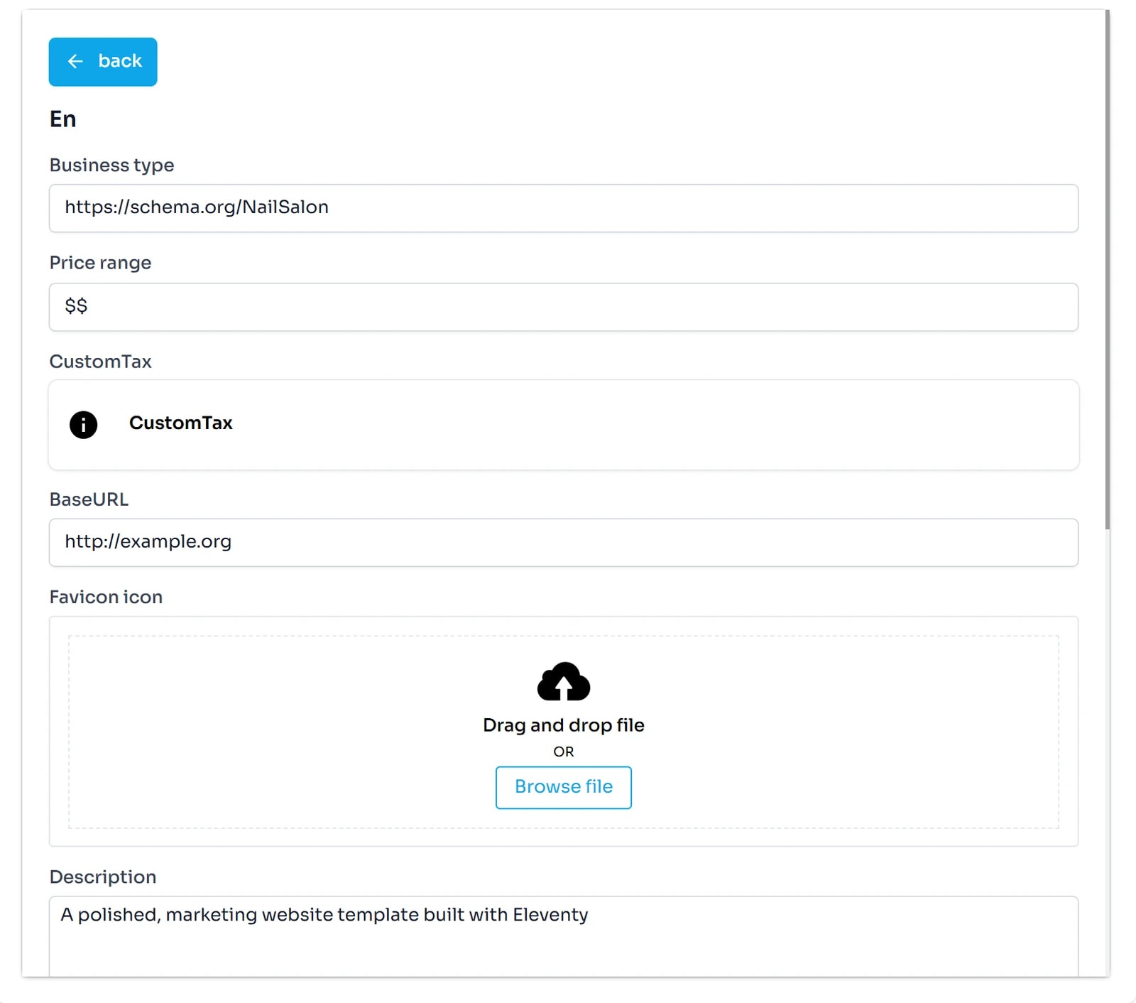Bảng Preview của site.json: Business type https://schema.org/NailSalon, Price range $$, mục CustomTax, BaseURL, khung ảnh Favicon icon và ô Description.