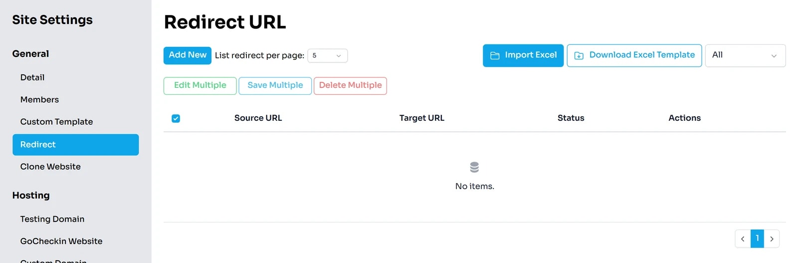 Trang Redirect URL: nút Add New, nút Import Excel, ba nút Edit Multiple, Save Multiple, Delete Multiple và bảng Source URL, Target URL, Status, Actions đang trống.