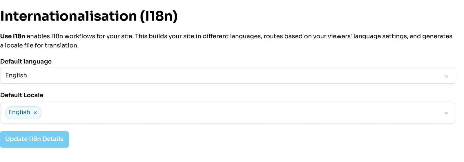 Trang Internationalisation (i18n): hộp chọn Default language English, hộp chọn nhiều Default Locale đang có English và nút Update i18n Details.