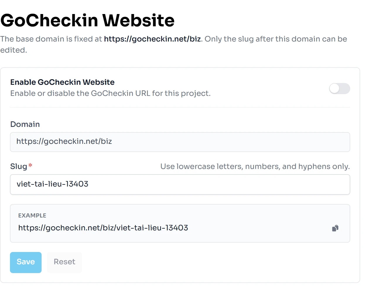 Trang GoCheckin Website: công tắc Enable GoCheckin Website, trường Domain cố định, ô Slug, dòng ví dụ địa chỉ https://gocheckin.net/biz/viet-tai-lieu-13403 cùng hai nút Save và Reset.